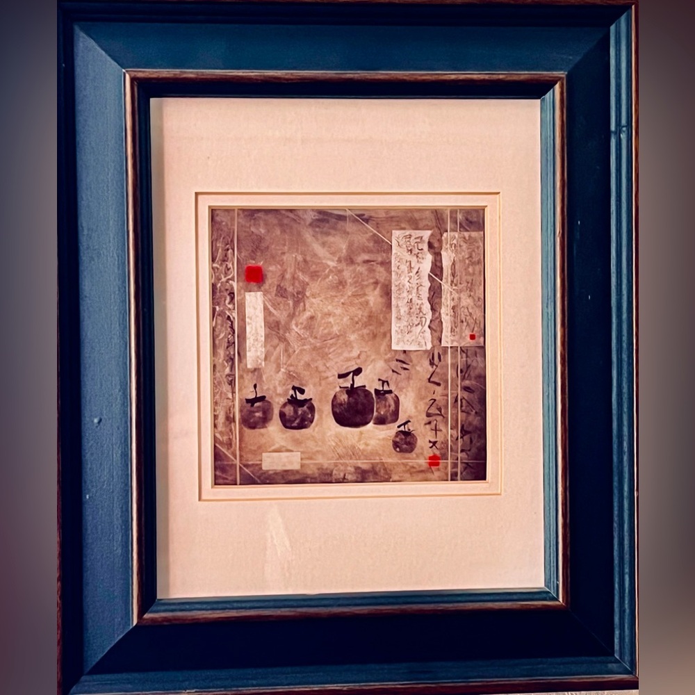 Elegant Japanese Framed print w/deep blue & Gold Accent wood frame mat finished